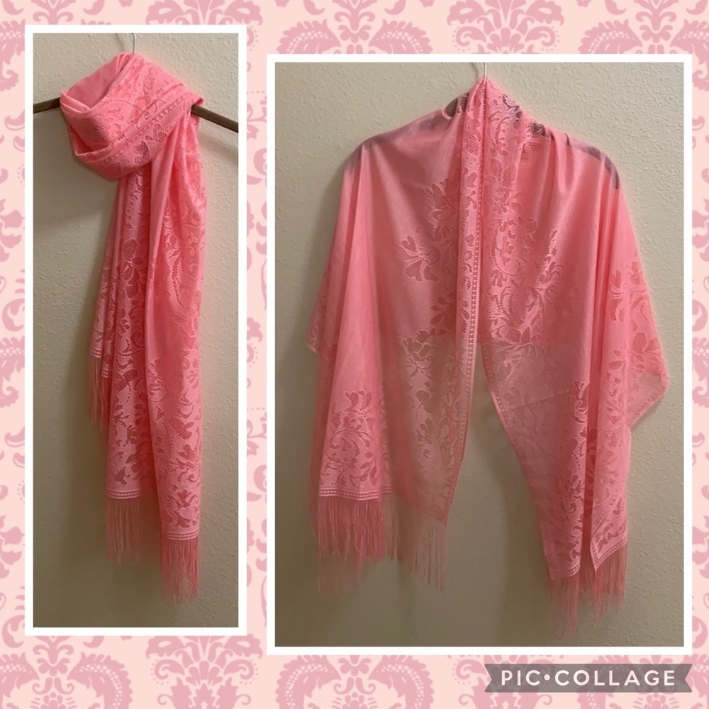 Pink Lacy Floral Easter Shawl Scarf Lightweight Cottagecore Garden Fairy Ballet